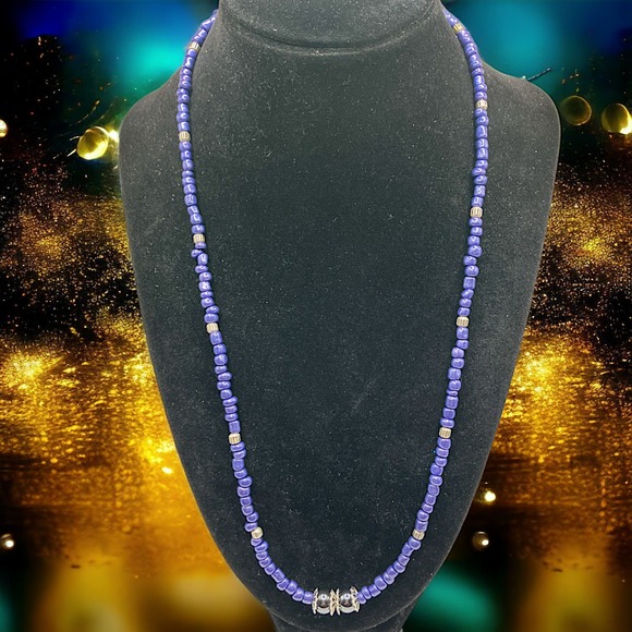 Purple Triangle Seed Beads, Silver-Tone Spacers & Round Metallic Beaded Necklace - Picture 1 of 13